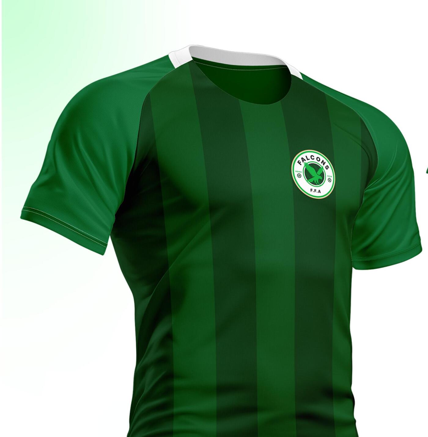 Falcons home kit — green striped jersey with the F.F.A crest