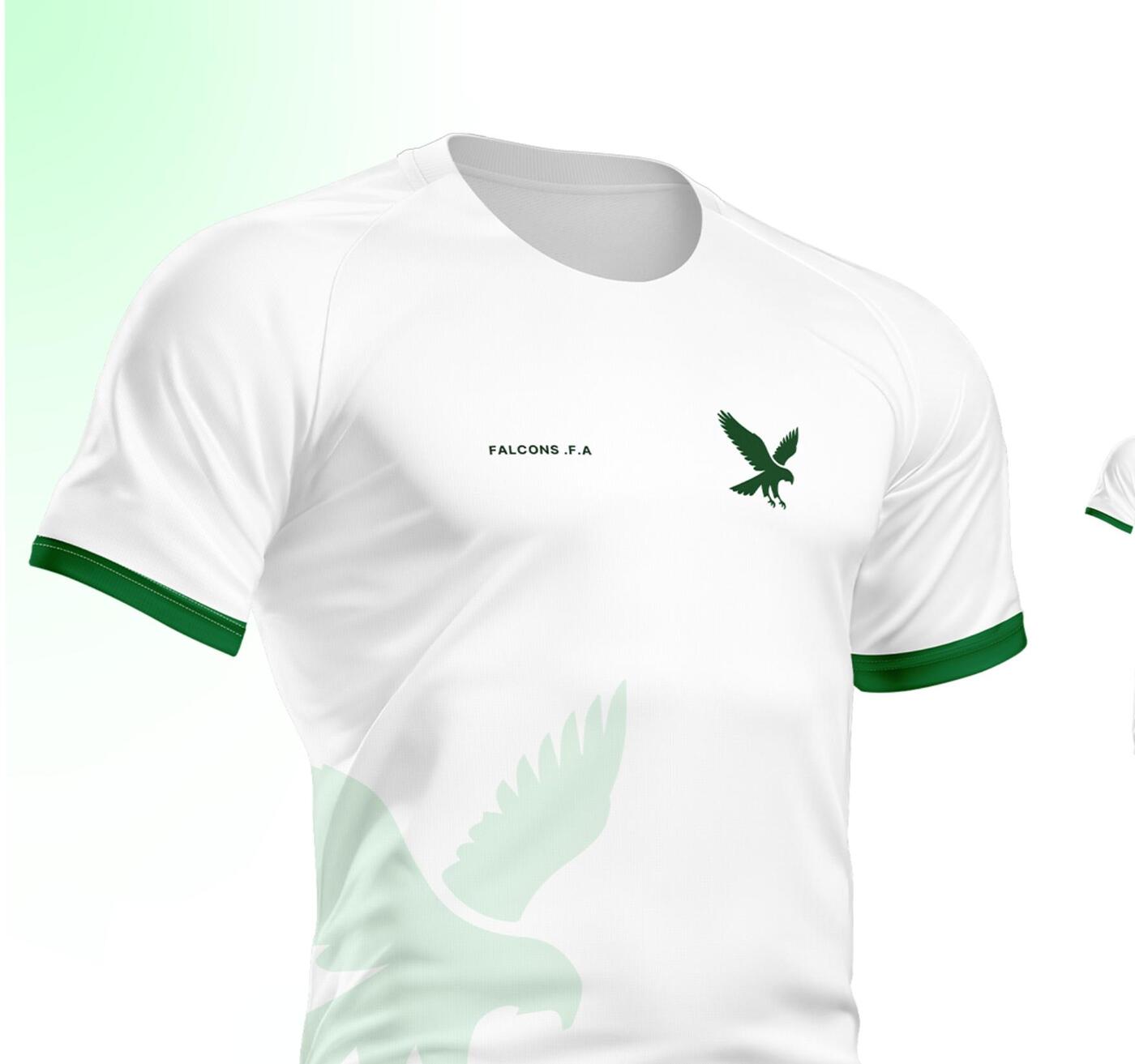 Falcons away kit — white jersey with green trim and falcon crest